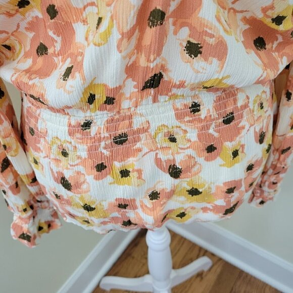 Downeast Blouse Long Sleeve Ivory Orange Yellow Floral Boho Shirt Womens Size L - Picture 6 of 9